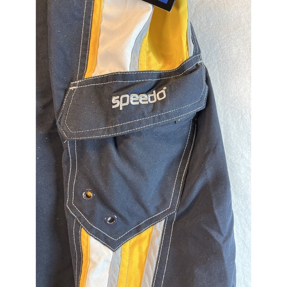 Men's Speedo Board Swim Trunks Navy Blue with White and Yellow Stripes, XXL, New - Picture 3 of 10